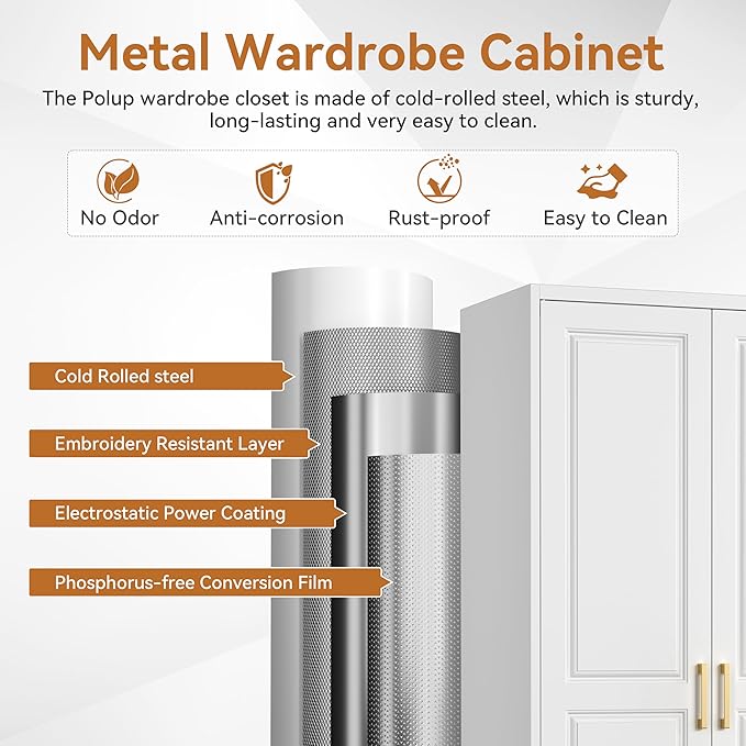 Polup Metal Armoire Wardrobe Closet, 71" Tall White Wardrobe Cabinet with 2 Doors, Hanging Rod and Adjustable Shelves, Steel Clothing Storage Cabinet for Bedroom, Home, Employee, Gym, Office