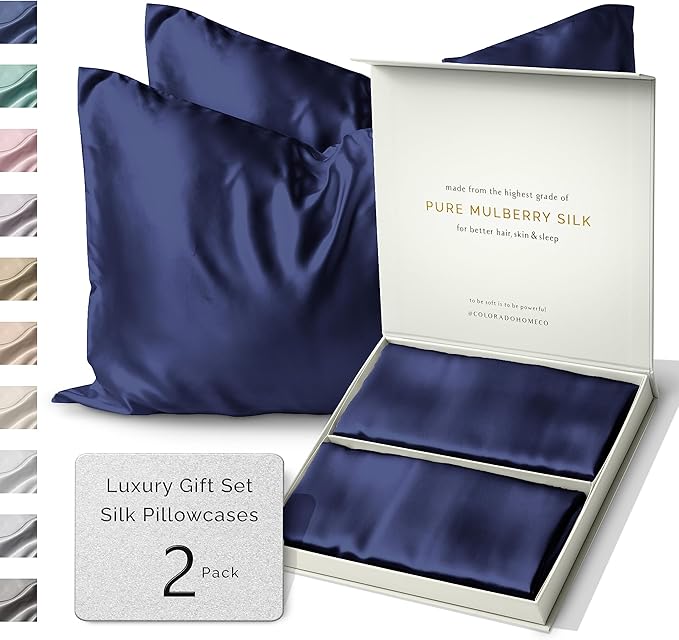 SUNDAYSILKS™ | Silk Pillow Cases 2 Pack | 22 Momme Mulberry Silk Pillowcase Set of 2 | All Sides 100% Pure Silk Slip Pillowcases Bliss for Couples, Zipper | Standard Queen, King Size, 6A [Navy Blue]