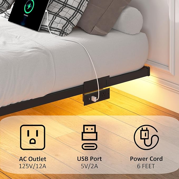 YORMDMO Floating Bed Frame Full Size, Heavy Duty Bedframe with Smart LED Lights & Charging Station, Modern Metal Platform Bed, Easy Assembly No Box Spring Needed, 10 Inch