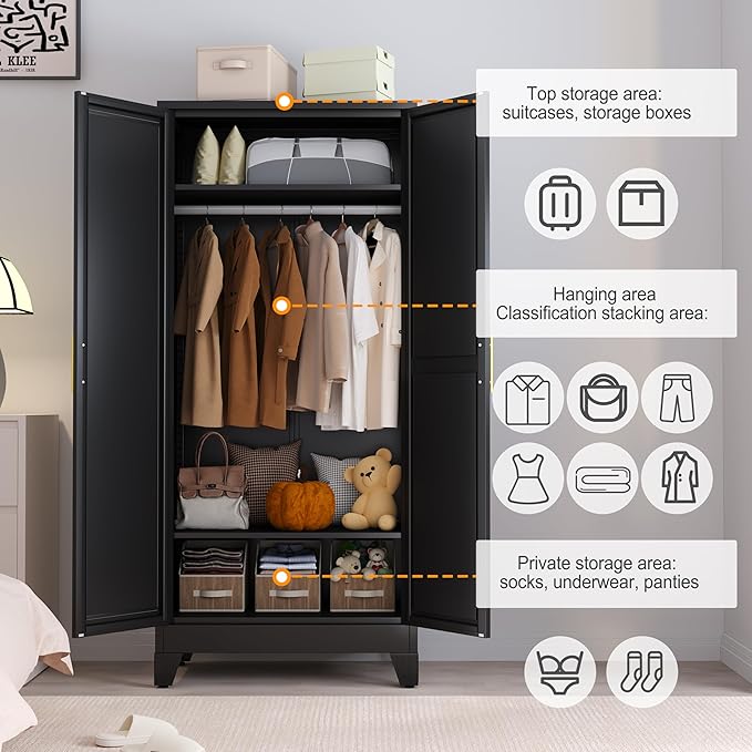 RIETERN Metal Armoire Wardrobe Closet, 71" Tall Bedroom Closet with Mirror, Adjustable Shelves, and Hanging Rod, Steel Clothes Closets and Storage, for Bedroom Black