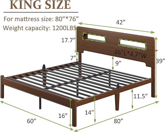 ZIYOO King Size 14” Walnut Bed Frame, Stylish Platform Bed with Natural Bamboo Outer Frame & Metal Slat Support, Under-Bed Storage Friendly, Tool-Free Assembly