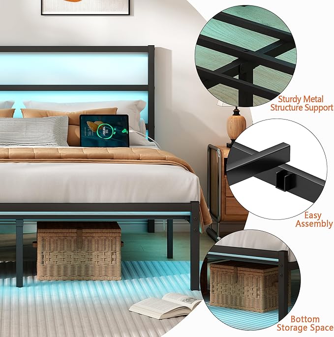 CLIBFENG Queen Bed Frame with Headboard,Heavy Duty Steel Slats Support-LED Bed Frame with USB Charging Station,Mattress Foundation-Under Bed Storage,No Box Spring Needed,Noise Free，Black