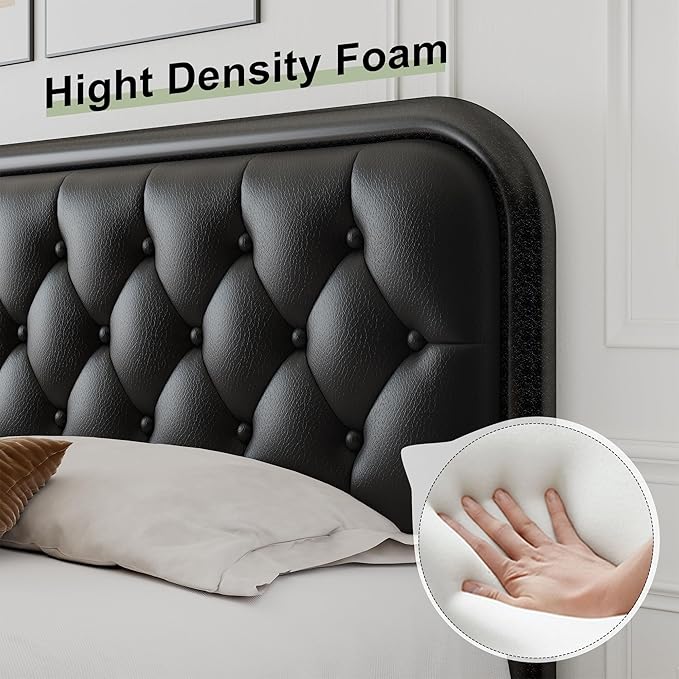 Feonase King Size Bed Frame, Upholstered Bed Frame with Faux Leather Headboard, Heavy Duty Platform Bed with Strong Metal Slats, 12 Inch Under-Bed Storage, Noise-Free, Easy Assembly, Matte Black