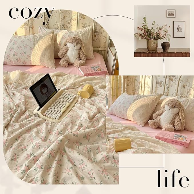 mixinni Vintage Floral Duvet Cover Set - 3 Piece King Size Pink Cottagecore Bedding with Lace Trim, Shabby Chic Bedding Set, Includes 1 Duvet Cover & 2 Pillowcases, Boho Aesthetic for Girls & Dorms