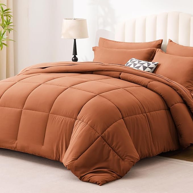Love's cabin California King Comforter Set Burnt Orange, 7 Pieces California King Bed in a Bag, All Season Bedding Sets with 1 Comforter, 1 Flat Sheet, 1 Fitted Sheet, 2 Pillowcase and 2 Pillow Sham | Soft, Breathable, Lightweight, Comfortable