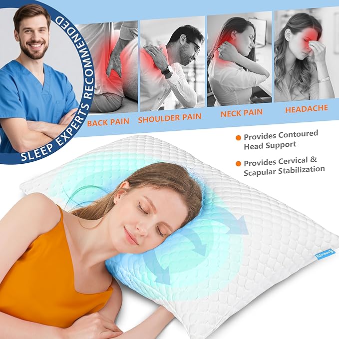 UYWO Cooling Memory Foam Pillows Firm and Soft, Queen Size 1 Pack, Original Adjustable Pillows for Side, Back or Stomach Sleepers with Removable Washable Cover