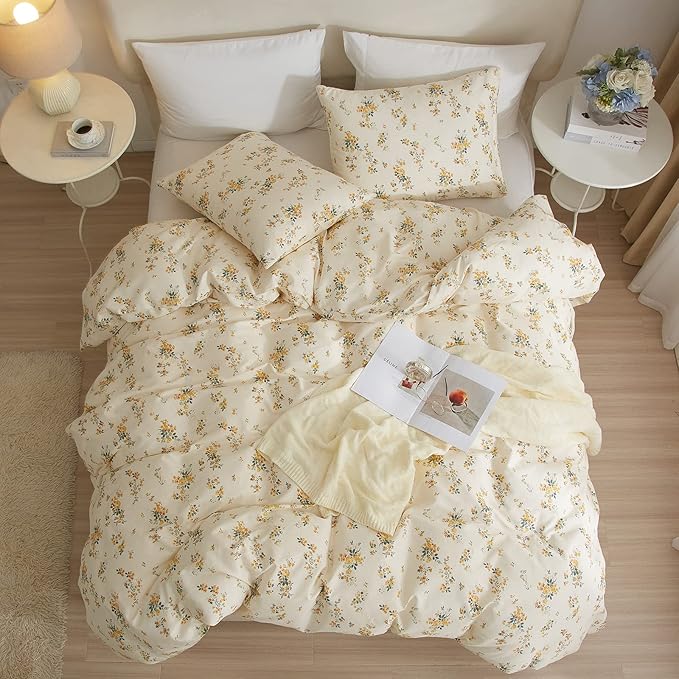 mixinni Aesthetic Floral Duvet Cover Set King Size, Farmhouse Boho Yellow Flowers Leaves Cute Bedding Set for Women, 1 Soft Cotton Chic Duver Cover and 2 Pillowcases for All Seasons-King Size