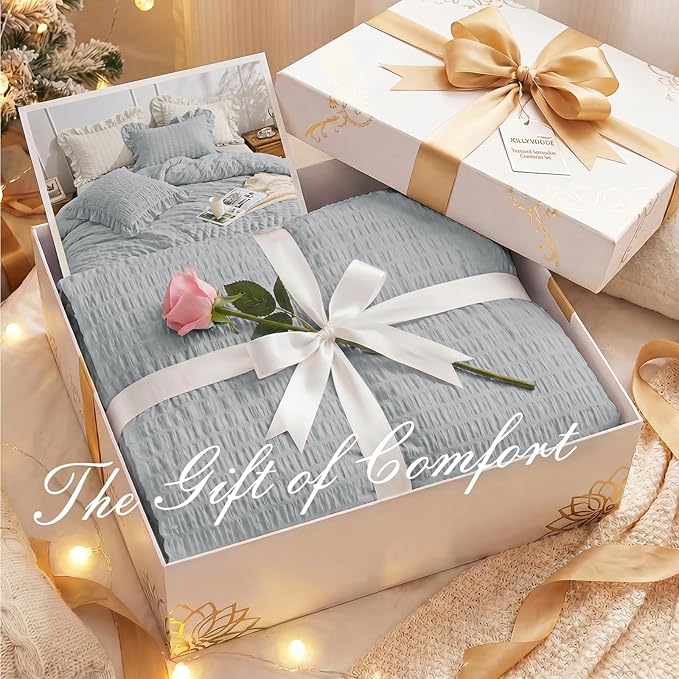JOLLYVOGUE Light Grey Twin Size Comforter Set, 2 Pieces Seersucker Lightweight Fluffy Bedding Set, Twin Ruffle Comforter, All Season Soft Microfiber Shabby Chic Bed Set