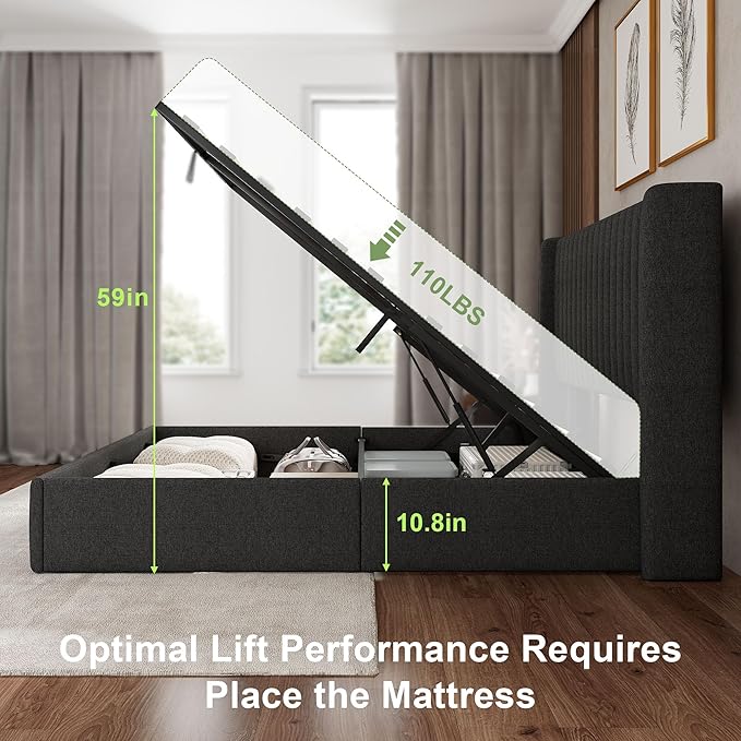 Feonase Queen Size Lift Up Storage Bed Frame, Linen Upholstered Platform Bed with Wingback Headboard, Hydraulic Storage, No Box Spring Needed, Dark Gray