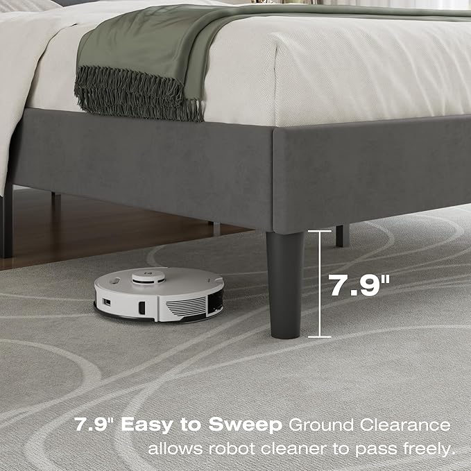 VECELO Full Size Bed Frame with Upholstered Headboard, Platform Bedframe with Strong Wooden Slats Support, No Boxing Spring Needed, Dark Grey