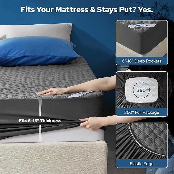 2 Pack Waterproof Mattress Protector, Full Size Mattress Pad with Deep Pocket 6"-15" Depth, Soft Breathable Dirt-Proof Single Bed Mattress Cover for Bedroom, Dorm Room (Gray)