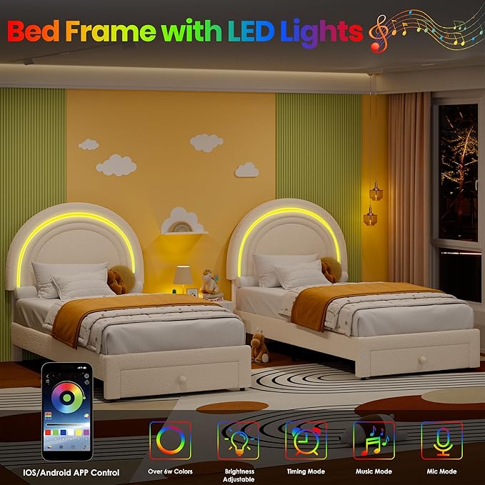 GarveeHome Twin Upholstered LED Bed Frame - with Storage Drawer and Rainbow Headboard, Berber Fleece Princess Platform Bed for Kids, Solid Wood Slat Support, No Box Spring Needed, Easy Assembly, Beige