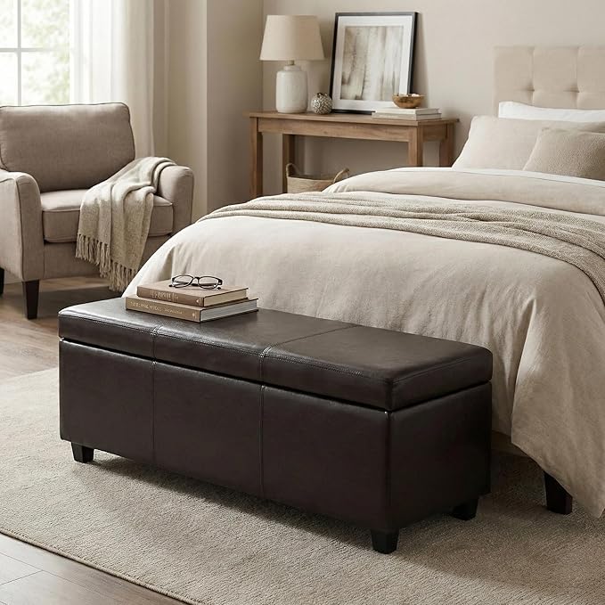 SIMPLIHOME Avalon Storage Ottoman Bench - 48" Wide x 16" High Upholstered Vegan Leather Rectangular Lift-Top Ottoman in Tanners Brown, Contemporary Storage Bench for Living Room with High-Density Foam