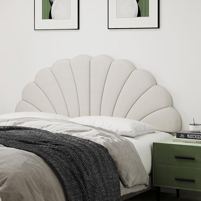 Befurtori Queen Size Headboard Only, Petal Wall Mount Headboard Queen/Full Size for Adjustable Bed Velvet Upholstered Head Board Easy Assembly, Cream