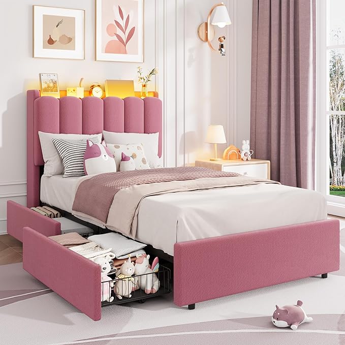 Garvee LED Twin XL Bed Frame with Storage Headboard, Kids Bed Frame with 2 Drawers, Boucle Upholstered Platform Bed for Girls, Chic Wavy Headboard with Bookcase, No Box Spring Needed, Dark Pink