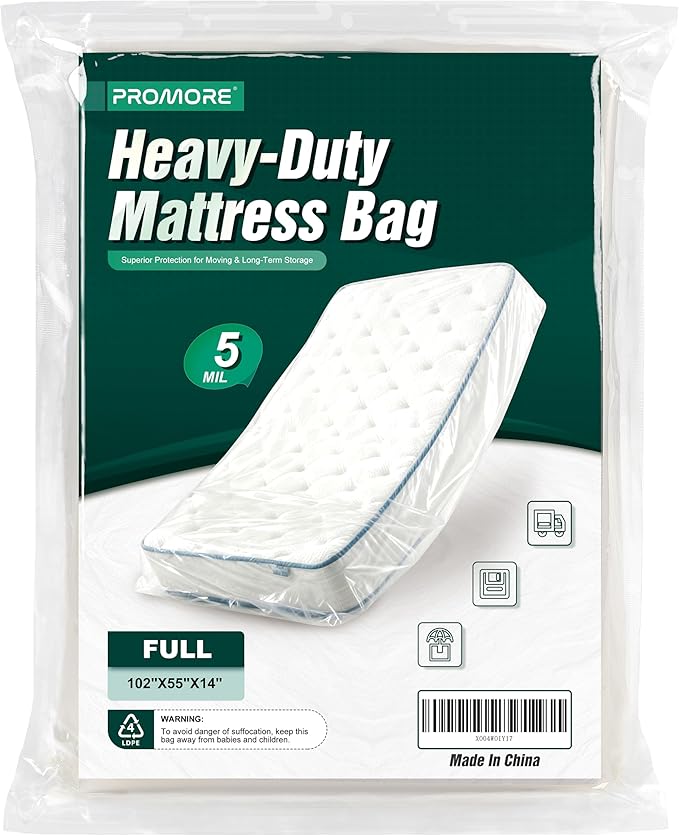 Full Size Mattress Bag for Moving and Storage - 5 Mil Heavy Duty, Plastic Waterproof Mattress Cover, Reusable, Tearproof