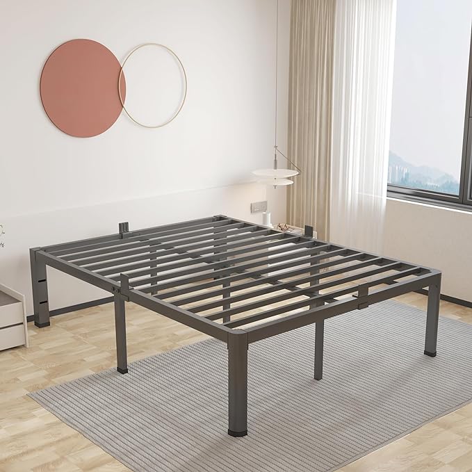 ROIL 12 inch Full Size Bed Frame with Headboard Hole and Round Corner Legs Mattress Retainers 3500LBS Heavy Duty Steel Slats No Box Spring Needed Platform Noise-Free Underneath Storage