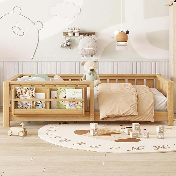 Bellemave Twin Size Kids Montessori Bed with Bookshelf,Solid Wood Twin Floor Bed Frame with Fence and Slats for Girls Boys,Low-Profile,Light Natural