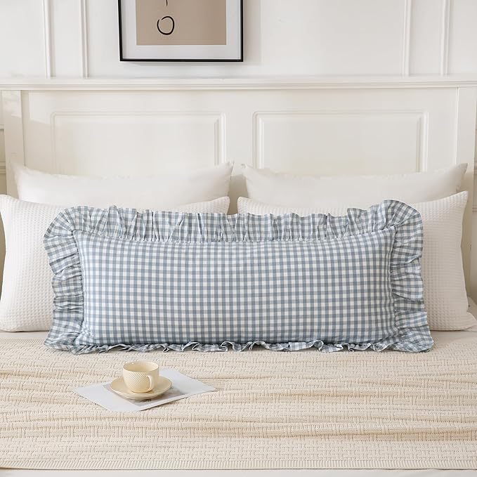 Light Blue/White Ruffled Long Lumbar Gingham Pillow Sham 14x36 inches 1 Piece, Pure Cotton Decor Pillowcase Farmhouse Vintage Cushion Cover for Bed Livingroom