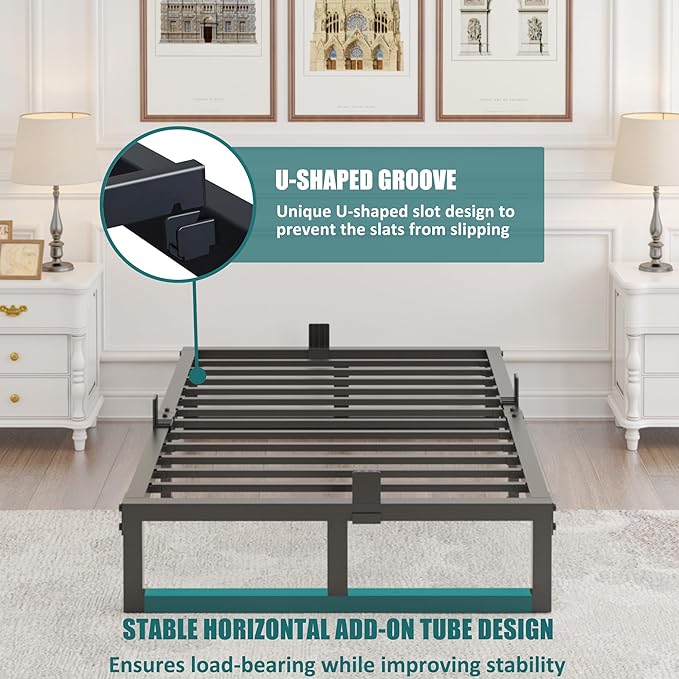 Yitong Angel 10 inch Queen Bed Frame Low Profile Metal Platform with Mattress Slide Stopper,Heavy Steel Slats Support Frames,No Box Spring Needed,Noise Free,Non-Slip,Easy Assembly