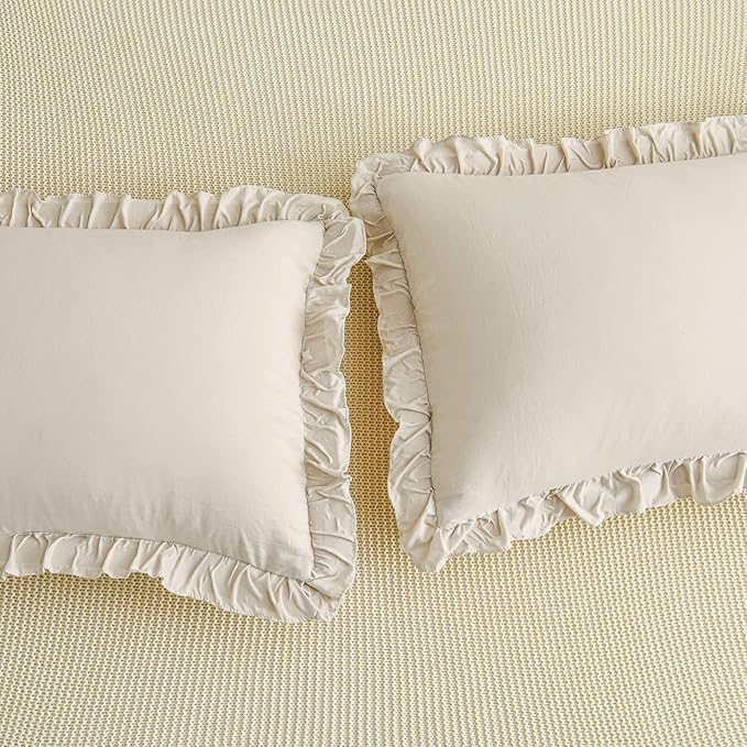Cream King Ruffled Shams - Set of 2, Cute Solid Fringe Design, Beige Grey - Shabby Chic Pillowcases (King, 20''x36'')