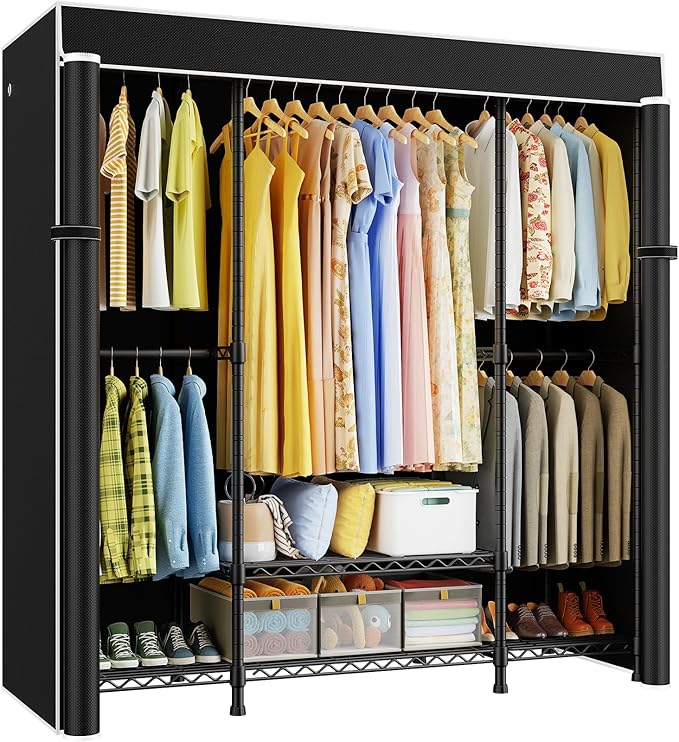 ULIFHOME E3C Heavy Duty Portable Closet Wardrobe with Fabric Cover, Freestanding Clothes Rack Holds up to 850 lbs, Metal Garment Rack Organizer for Clothing, 59.5" W x 16.5" D x 77.4" H, Black