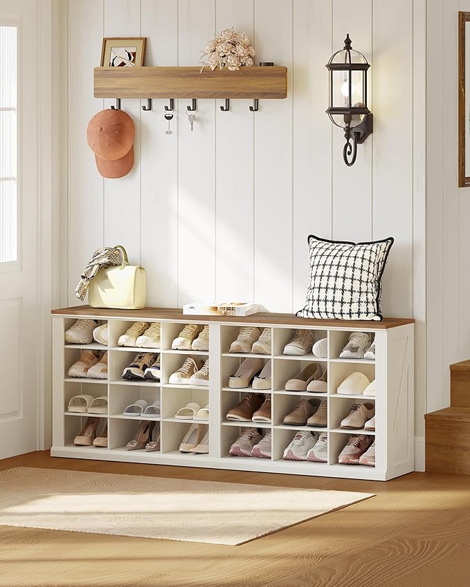 Hzuaneri Farmhouse Shoe Storage Bench, Entryway Shoe Cubby Bench, Widened Wooden Shoes Cubbies with Compartments, Shoes Rack Benchs for Cloakroom, Entryway, Antique White SB52514B