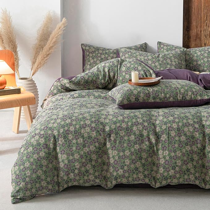 VM VOUGEMARKET Green & Purple Floral Jacquard Duvet Cover Set Queen,Breathable Double Layer Gauze Farmhouse Style Bedding Set for Home