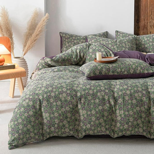 VM VOUGEMARKET Vintage Floral Jacquard Duvet Cover Set King Breathable Double Layered Gauze Bedding Collection for All-Season,Green & Purple