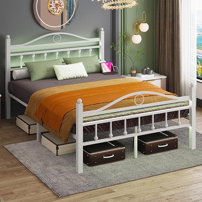 Jenmit Queen Size Bed Frames with Headboard, LED Bed Frame with Charging Station, Metal Platform, Under-Bed Storage, No Box Spring Needed, Noise Free, Easy Assembly, White