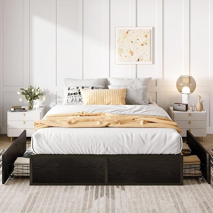 SHA CERLIN Full Platform Bed Frame with 2 Large Storage Drawers - Heavy Duty Metal & Rustic Wood, Noise-Free, No Box Spring Needed, Black
