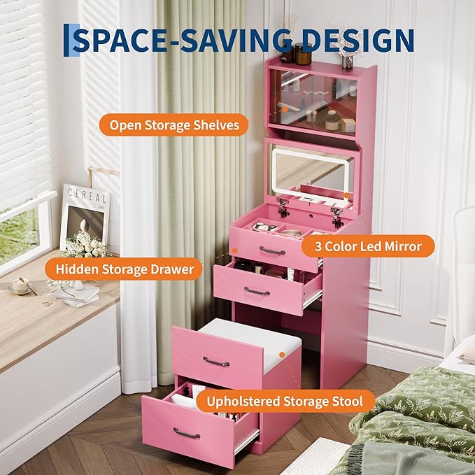 Garvee 3 in 1 Vanity Desk with 3 Color LED, Compact Makeup Vanity Set with 2 AC Outlets & USB, Dressing Table with Drawers & Acrylic Doors, Nightstand Vanity Mirror, Jewelry Box, Hidden Chair, Pink