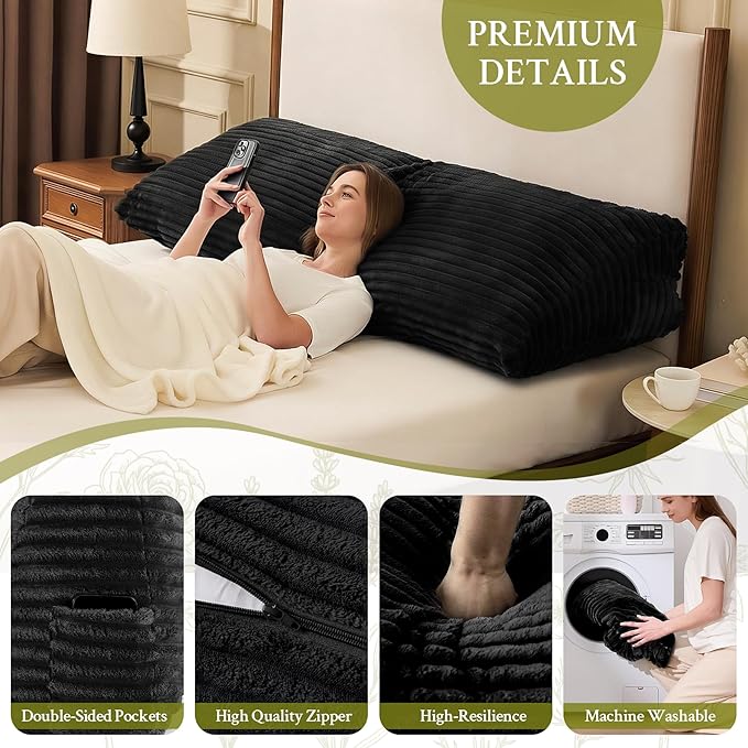 Headboard Pillow Queen, Headboard Wedge Pillow, Back Rest Pillows for Sitting, Reading, Working, Triangle Pillow with Removable Cover, Daybed Pillows for Bed Dorm Sofa, Black