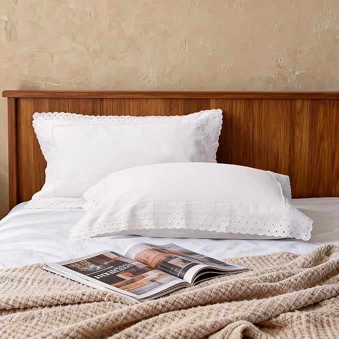 CHUFFED 100% French Linen Pillowcases with Embroidery Lace,French Vintage Style Stone Washed Breathable Pillow Covers Standard Size Set of 2 with Envelope Closure for Decor,20x26 inches, White