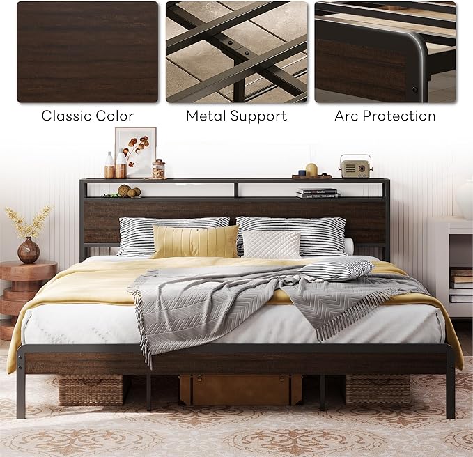 LIKIMIO California King Bed Frame with Headboard, Dark Wood Camas California King with Strong Supports, Sturdy, Noise-Free, No Box Spring Needed, Dark Brown