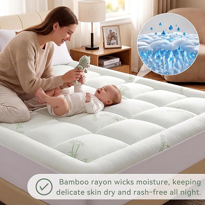 Anluoer Queen Mattress Topper Memory Foam, Rayon Derived from Bamboo Pillow Top Mattress Topper for Back Pain Relief, Cooling Soft Mattress Pad with 8-21" Deep Pocket, 60x80 Inches, White