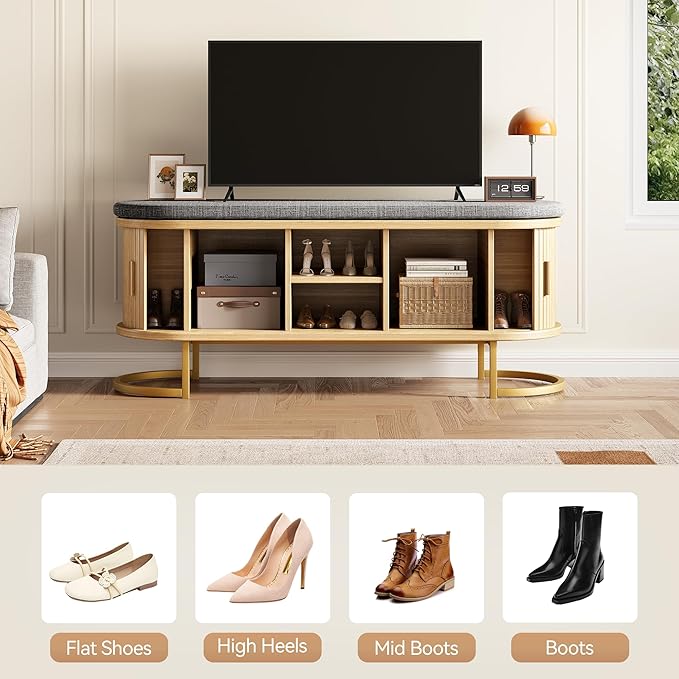 Decofy Storage Bench with Cushion and Sliding Doors, 47.2 Inch Large Entryway Shoe Bench with Sturdy Metal Feet, Multi-Functional for Entrance Hall, Bedroom, Living Room (Oak)
