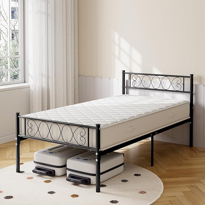 GarveeHome Twin-XL SizeMetal Bed Frame with Headboard & Footboard 13.7 Inch Metal Platform Mattress Foundation Support with Strong Metal Slats, Under Bed Storage, No Box Spring Needed