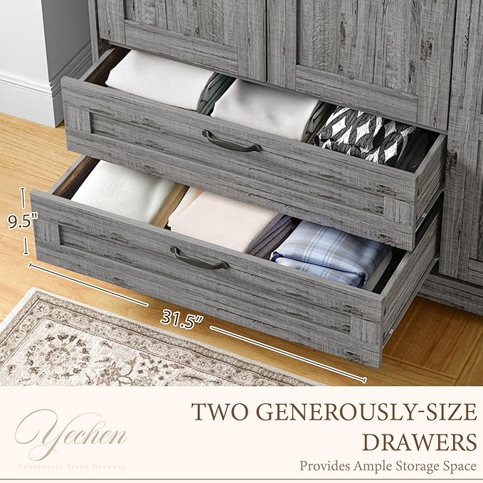 Yechen 3-Door Wooden Armoire Wardrobe Closet with Drawers and Shelves, Bedroom Armoires with Mirror for Hanging Clothes, Coat, Farmhouse Wardrobe Cabinet for Large Storage Needed