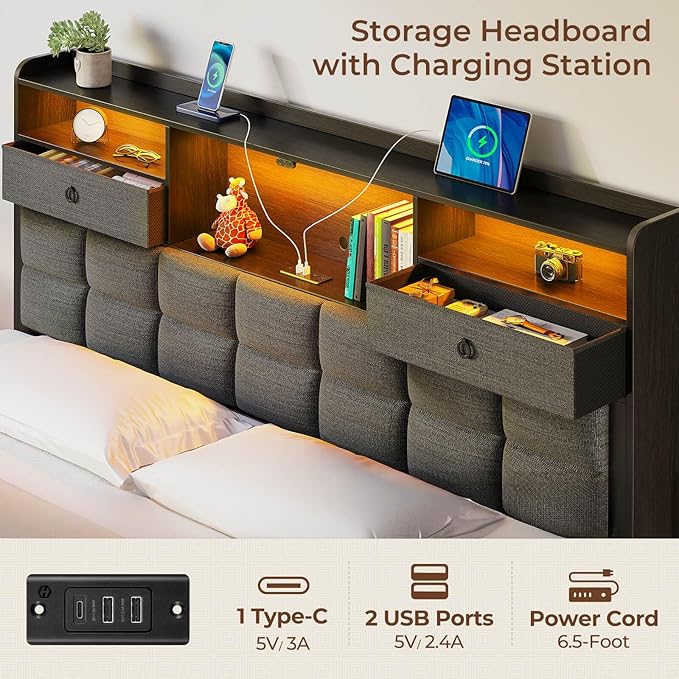 Rolanstar Bed Frame King Size with Drawers and Charging Station, Upholstered Platform Bed with Storage Headboard and LED Light, Heavy Duty Metal Support, No Box Spring Needed, Noise Free, Grey