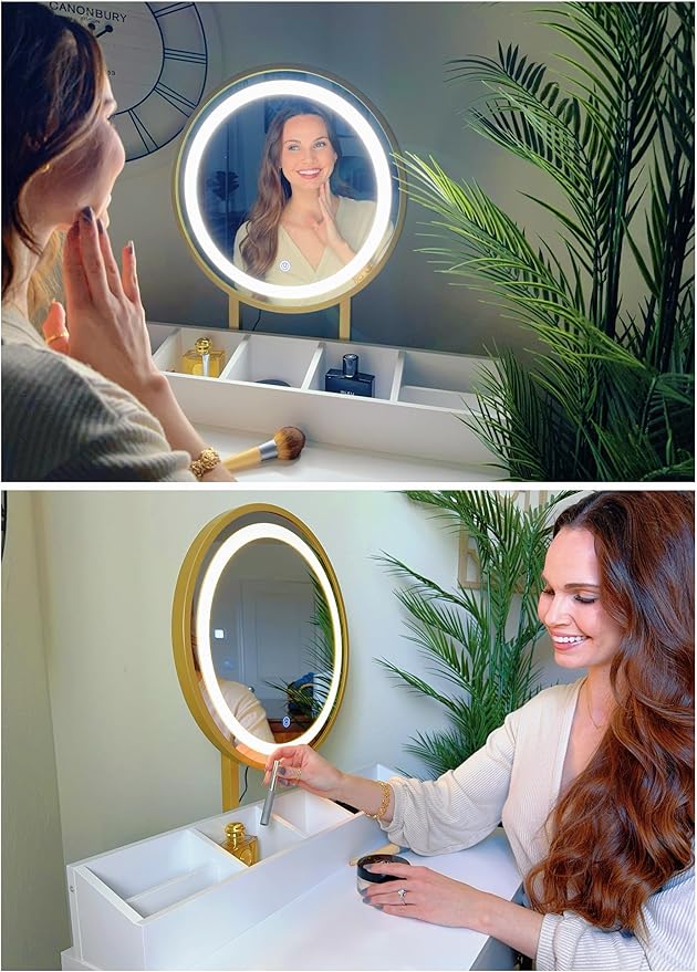 UTEX Makeup Vanity Desk with Mirror and Lights, Makeup Vanity Set with Drawers, Small Dressing Up Table, 3 Lighting Modes Dresser Desk and Cushioned Stool Set for Bedroom White and Gold