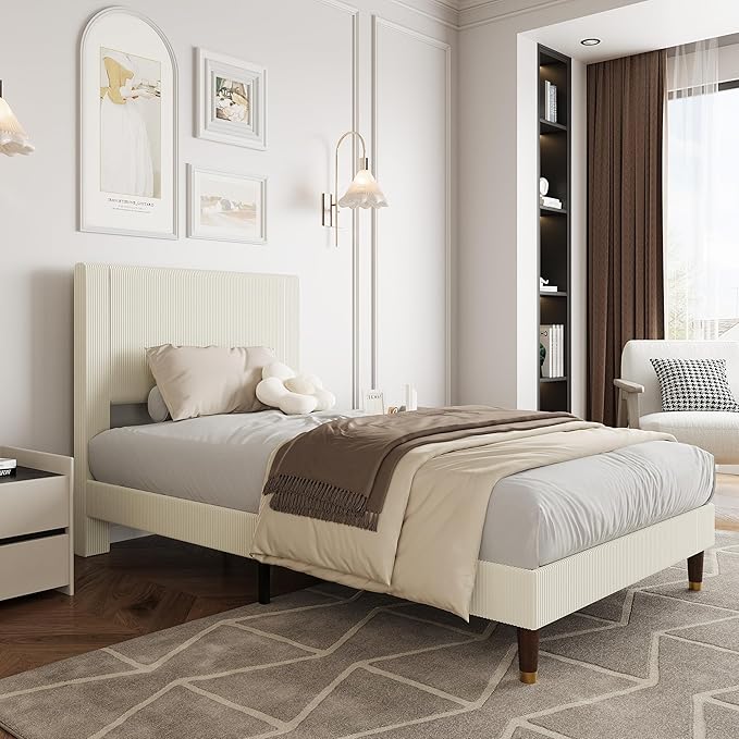 GarveeHome Twin Size Bed Frame with Upholstered Headboard and Strong Wooden Slats Support, Soft Corduroy Fabric Platform Bed, No Boxing Spring Needed, Easy Assembly, Beige