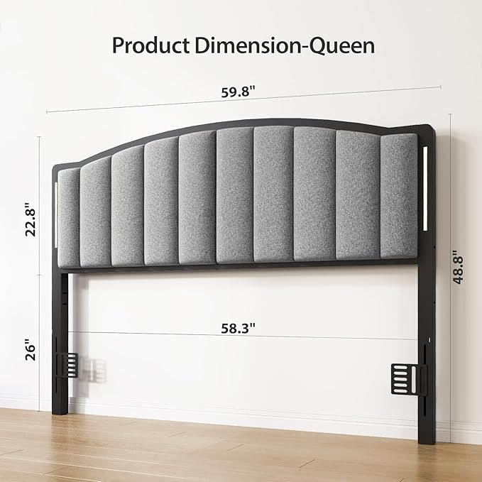 Headboard for Queen Size Bed with LED Lights, Upholstered Vertical Channel Tufting Head Boards, Linen Fabric Bed Headboard Only, Attach Frame, Ideal for Bedroom, Dorm, Guest Room, Grey