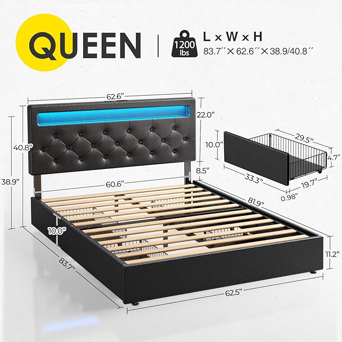 Rolanstar Queen Bed Frame with 4 Drawers and Charging Station,Twin Bed with Led Lights, 2 USB and 1 Type C, Adjustable Upholstered Headboard 38.9/40.8 Inches, Sturdy, No Box Spring Needed, Pure Black