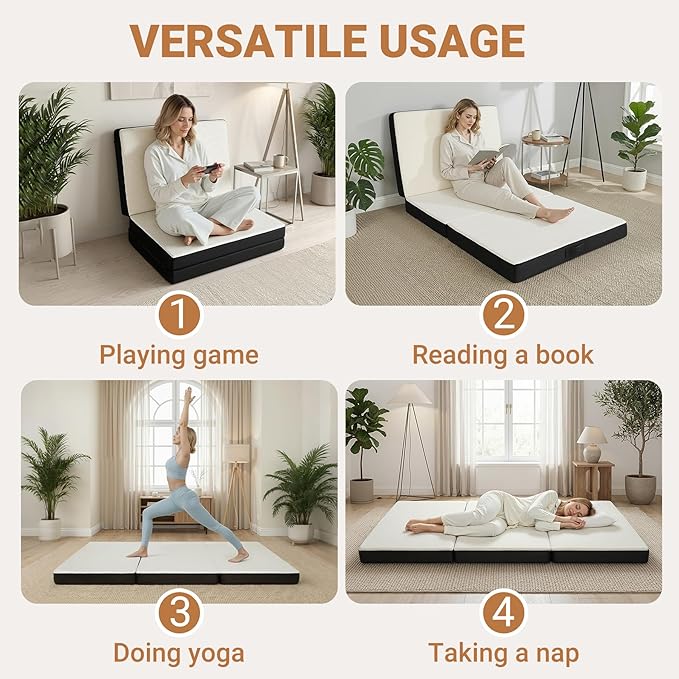 Foldable Mattress Twin, Memory Foam Tri Fold Mattress with Removable Washable Cover, 4 inch Folding Floor Mattresses Sleeping Pad for Guest, RV, Travel, Camping, White, 75"x38"x4"