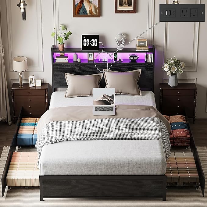 VINGLI Full Bed Frame with 4 Storage Drawers and Adjustable Headboard Shelf, Metal Double Platform Captain Bed with Charging Station and RGB LED Lights, No Box Spring Needed, Noise Free, Black