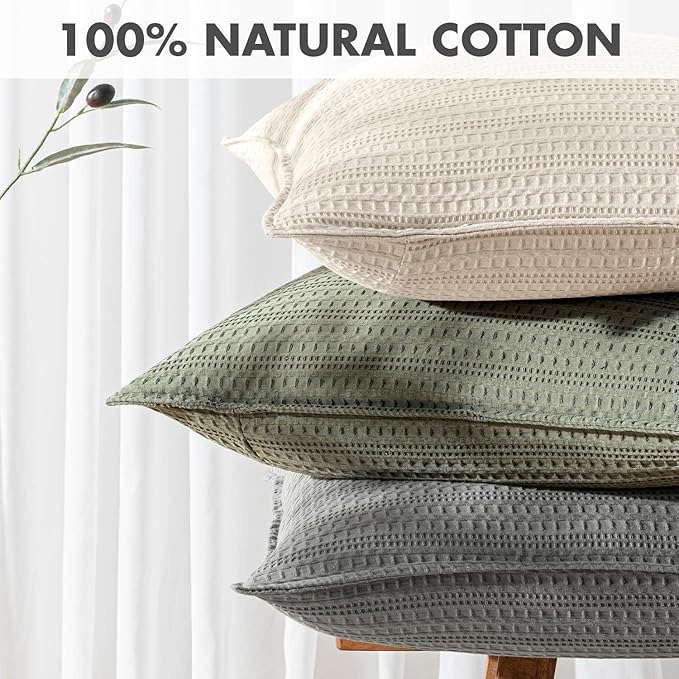 Set of 2 Decorative 100% Cotton Waffle Euro Sham Pillow Covers 24x24, Neutral Throw Pillows Weave European Cushion Cases for Couch Sofa Bed Modern Farmhouse Home Decor, Dark Grey