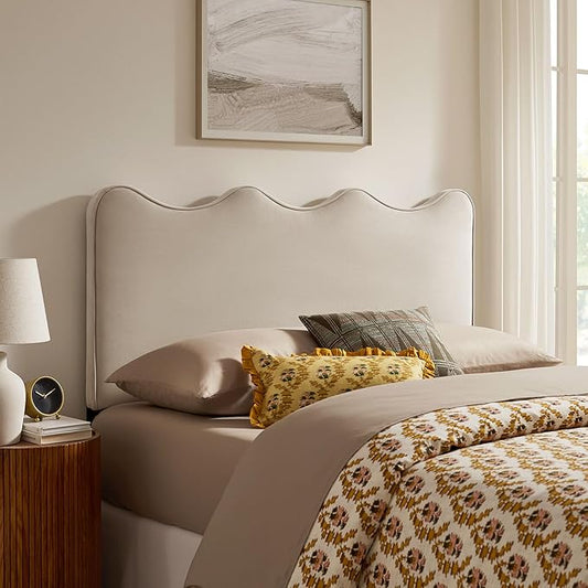 Monday Athena Full Size Performance Velvet Adjustable Headboard in Almond - with Scalloped Wave Design and Stain-Resistant Velvet Upholstery