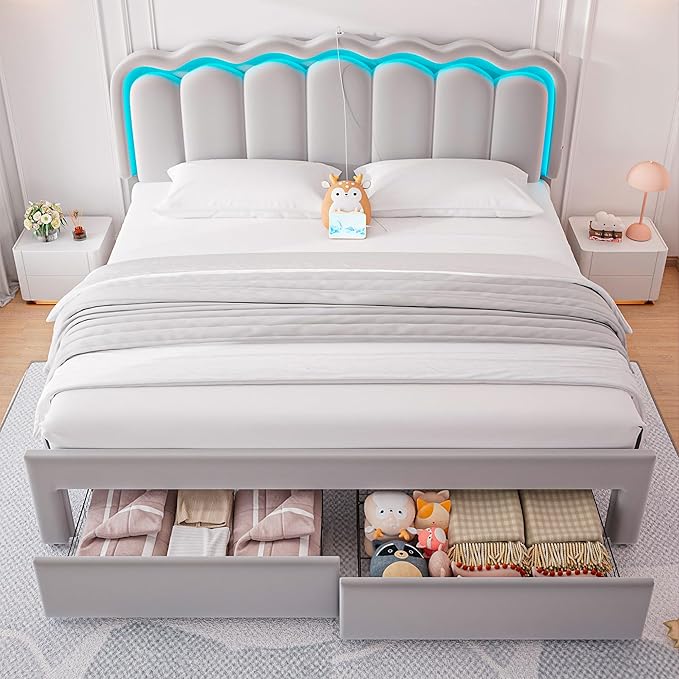 King Upholstered LED Bed Frame with 2 Storage Drawers and Adjustable Chic Double Wavy Headboard, Velvet Princess Platform Bed with Charing Station, Solid Wood Slats Support, No Box Spring Needed, Grey