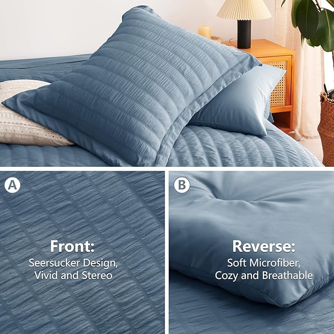 CozyLux California King Comforter Set with Sheets 7 Pieces, Grayish Blue Seersucker Bed in a Bag Cal King Luxury Bedding Sets with Down Alternative Comforter, Sheets, Pillowcases & Shams, Dusty Blue